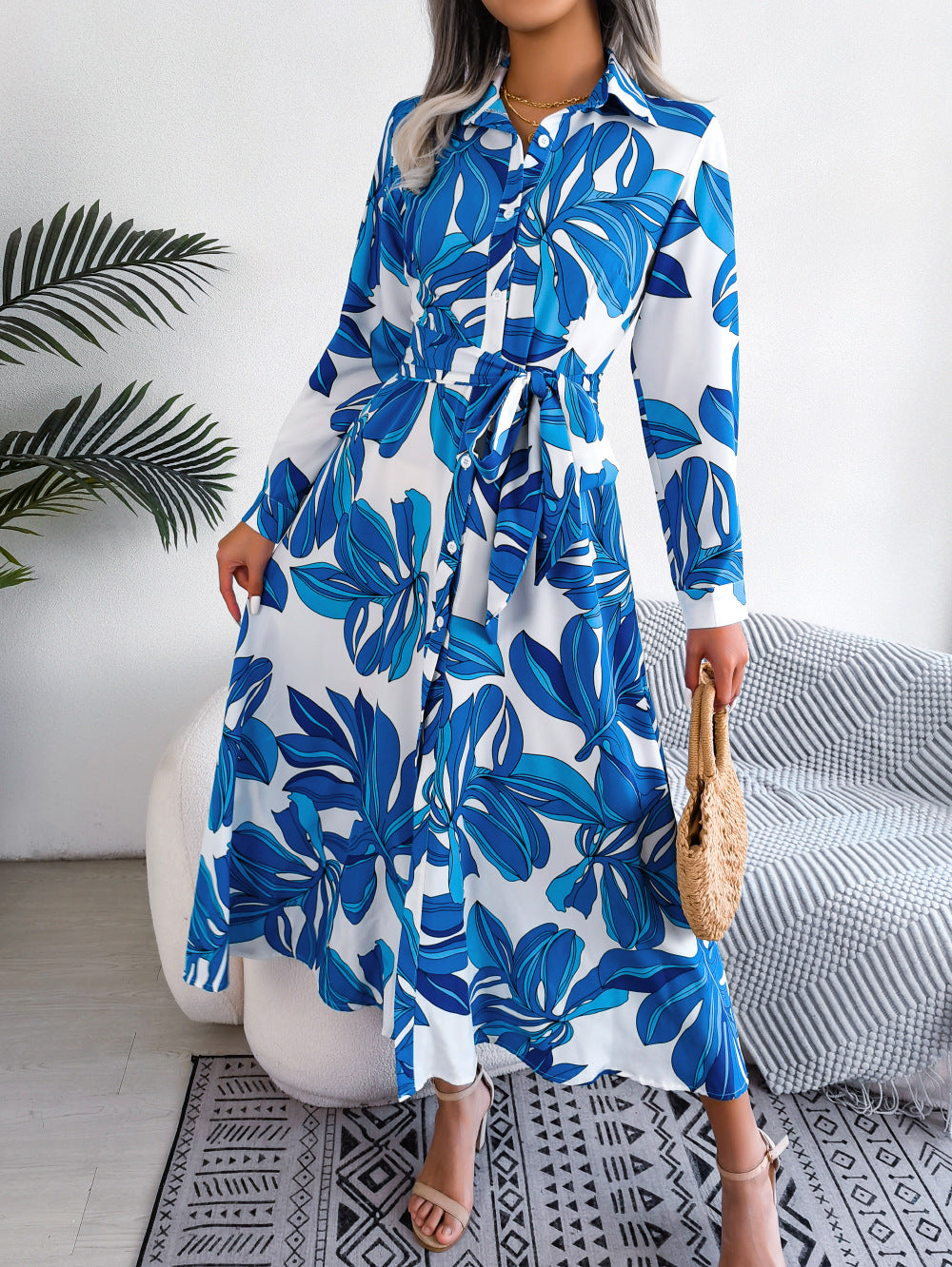Blue Floral Print Shirt Midi Dress