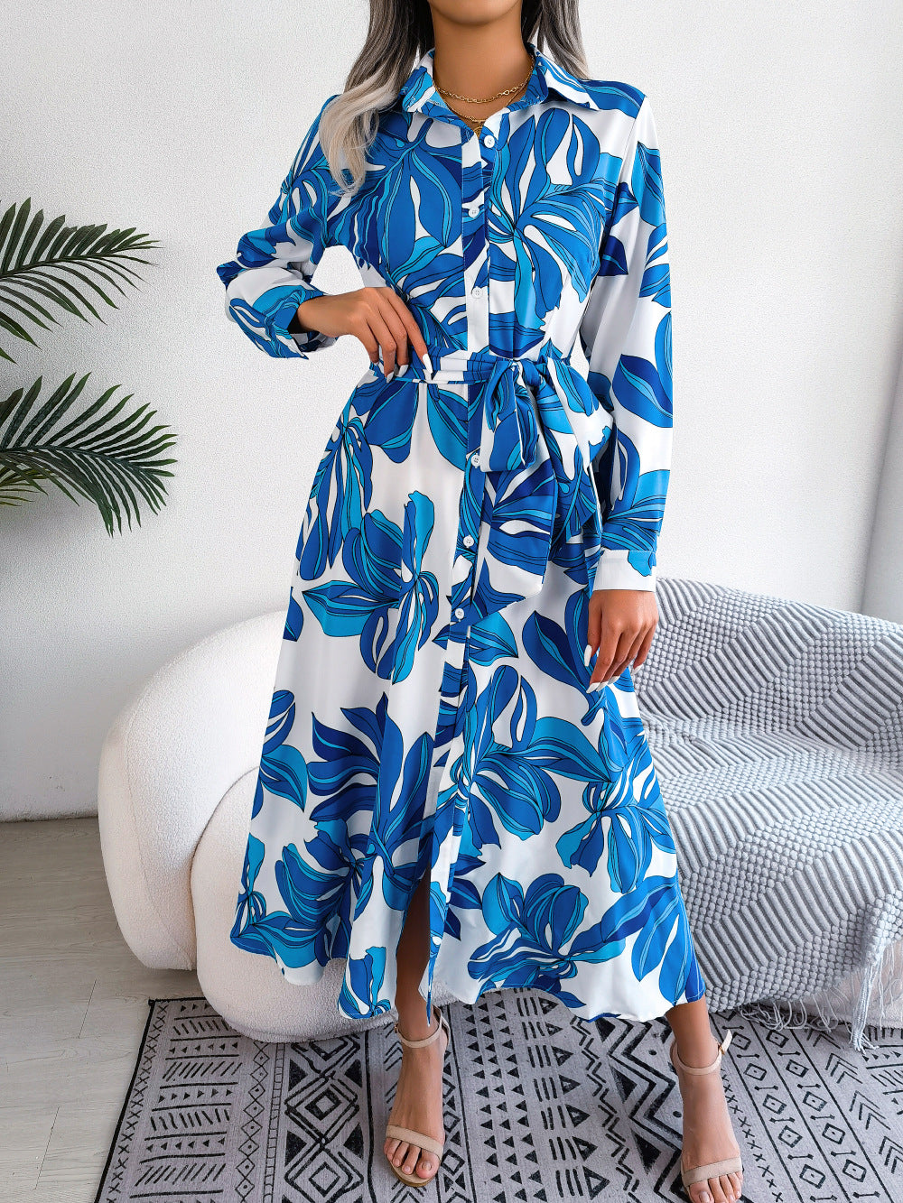 Blue Floral Print Shirt Midi Dress