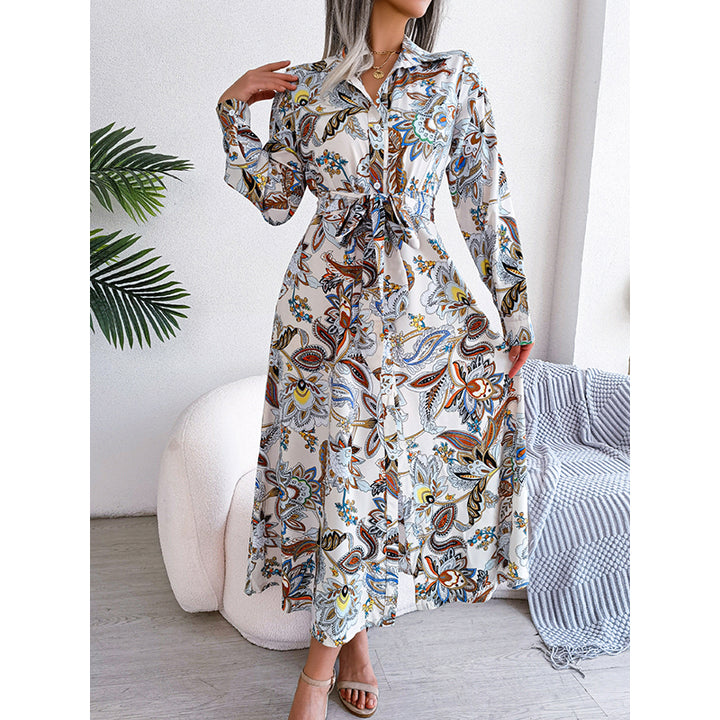 White Bohemian Printed Shirt Collar Cuffed Sleeves Tie-Ups Midi Shirt Dress