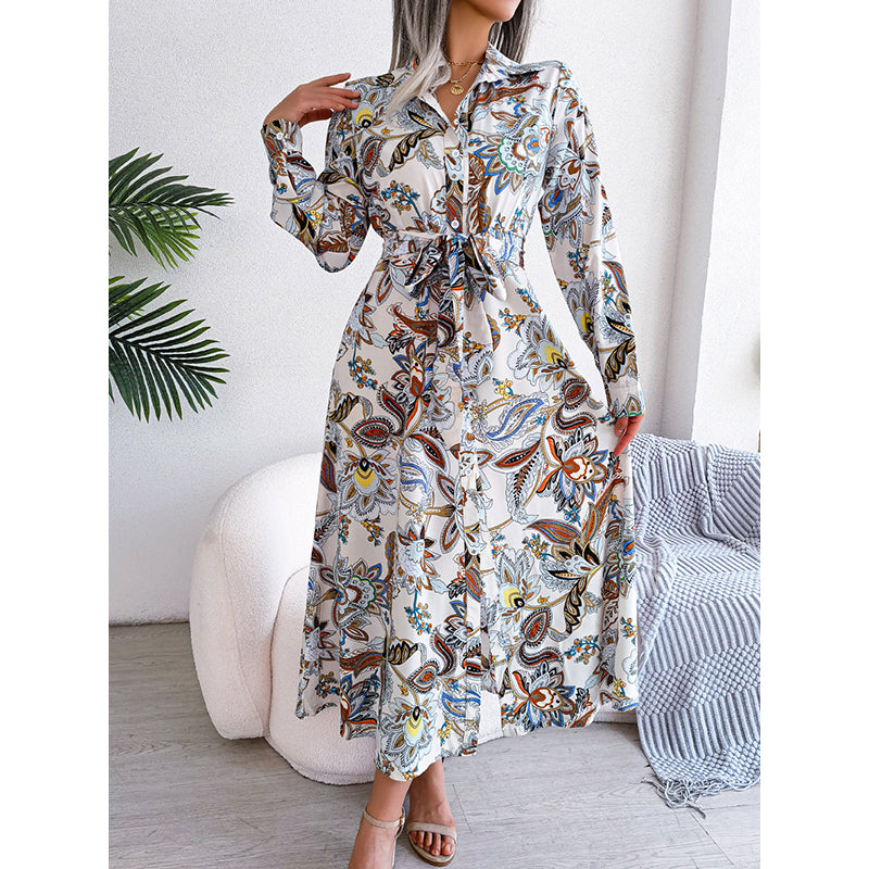 White Bohemian Printed Shirt Collar Cuffed Sleeves Tie-Ups Midi Shirt Dress