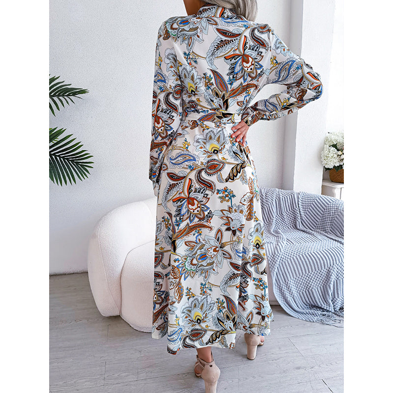 White Bohemian Printed Shirt Collar Cuffed Sleeves Tie-Ups Midi Shirt Dress