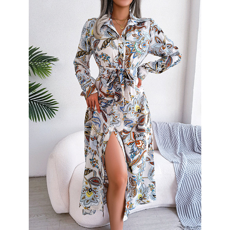White Bohemian Printed Shirt Collar Cuffed Sleeves Tie-Ups Midi Shirt Dress