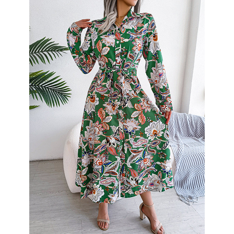 Green Floral Printed Shirt Collar Midi Shirt Dress