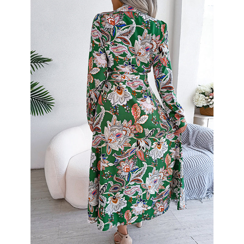 Green Floral Printed Shirt Collar Midi Shirt Dress