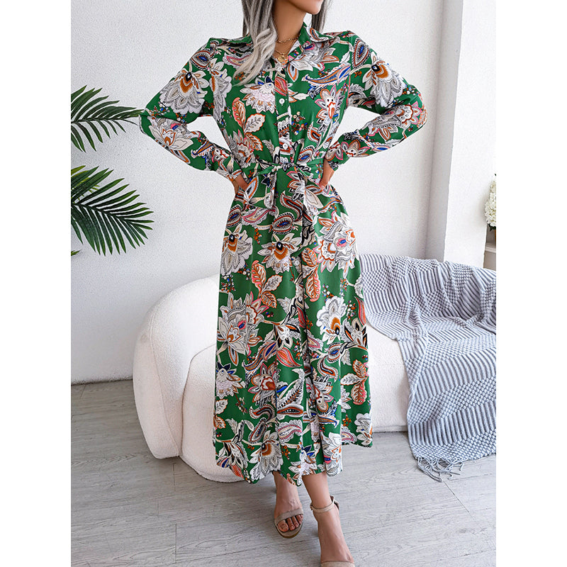Green Floral Printed Shirt Collar Midi Shirt Dress