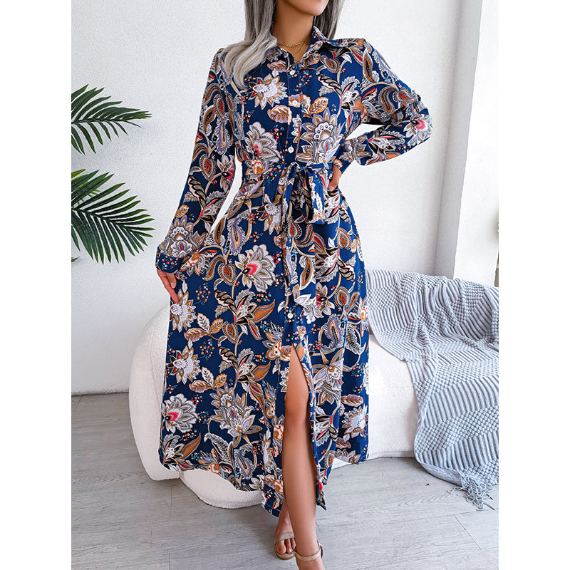 Blue Floral Printed Shirt Collar Maxi Dress