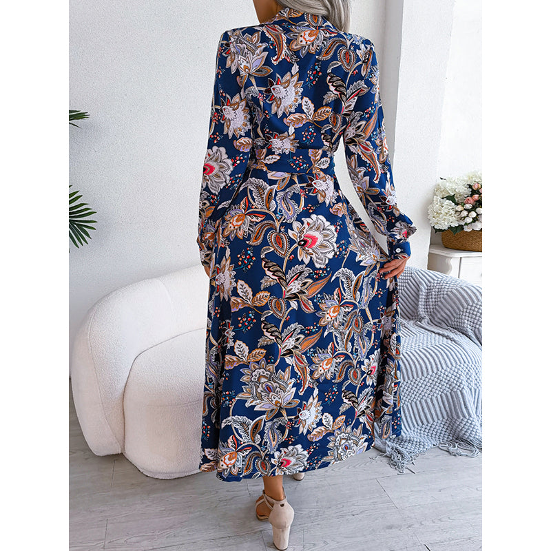 Blue Floral Printed Shirt Collar Maxi Dress