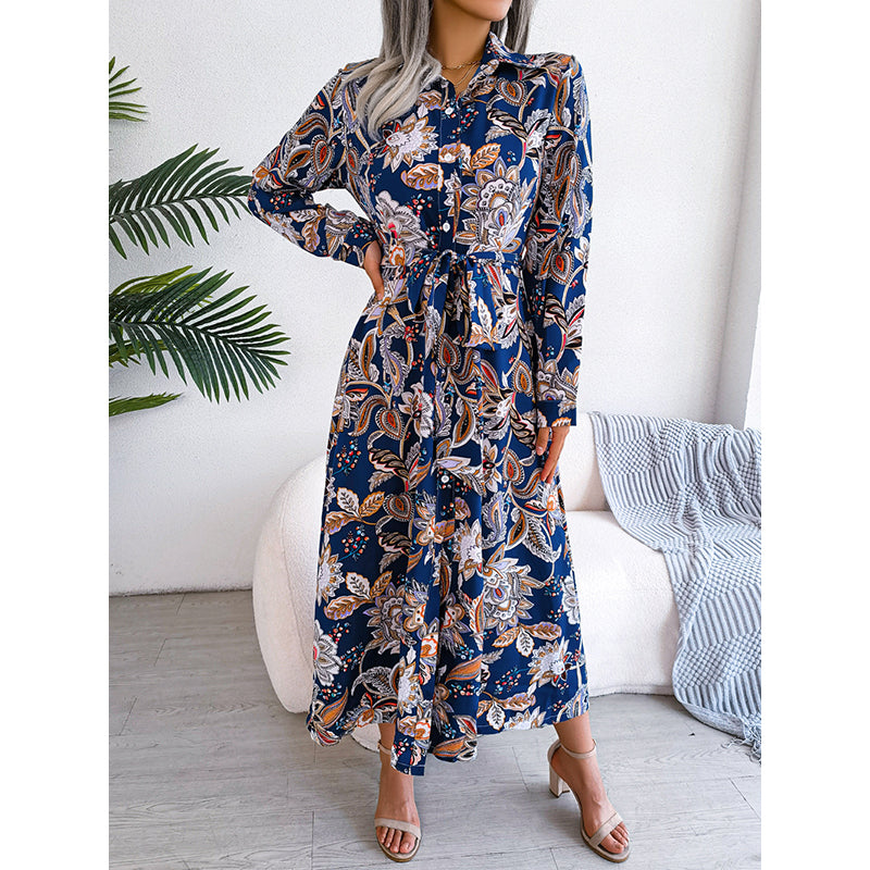 Blue Floral Printed Shirt Collar Maxi Dress