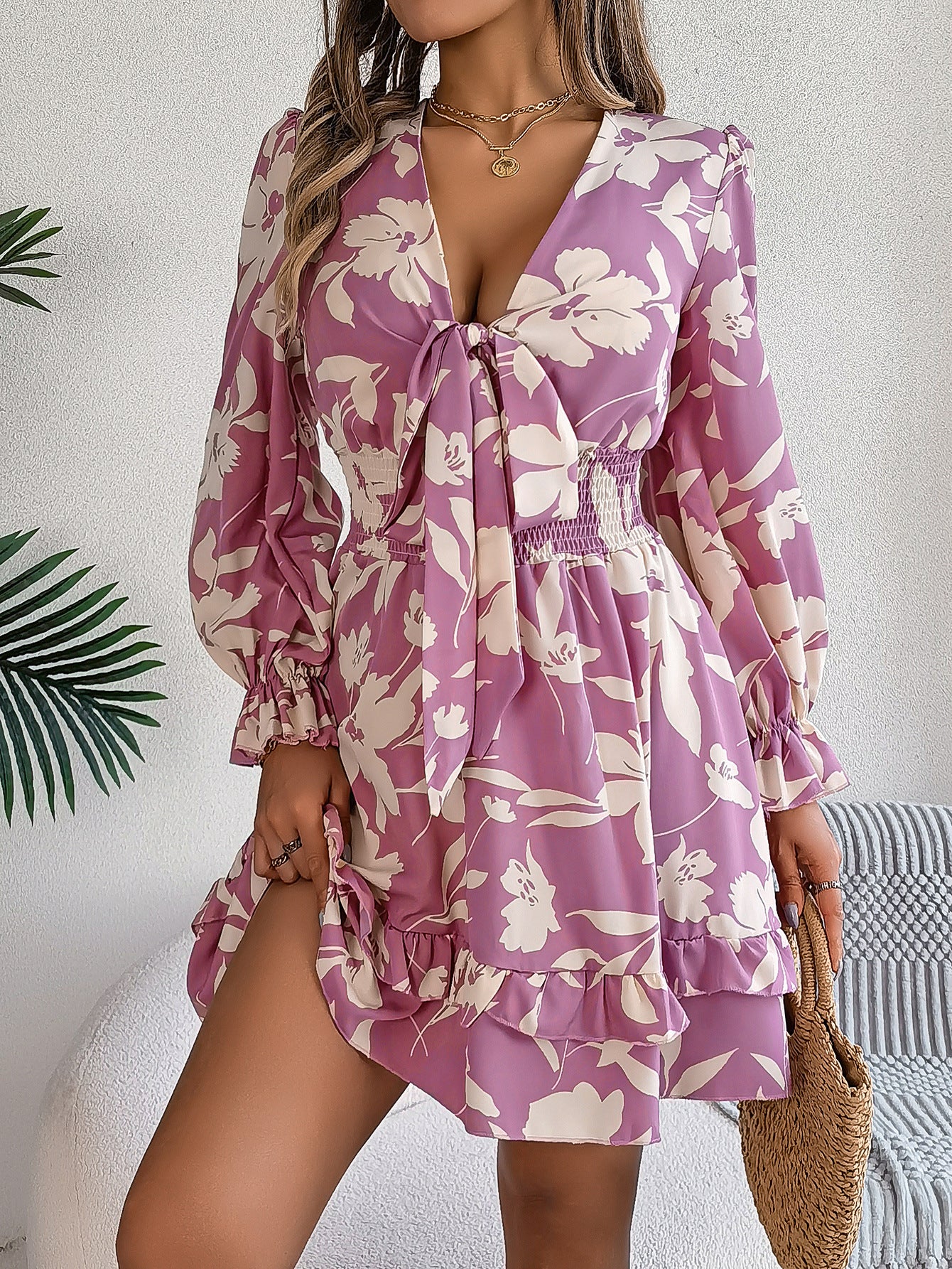 Floral Printed Puff Sleeve Tie-Ups Fit & Flare Dress