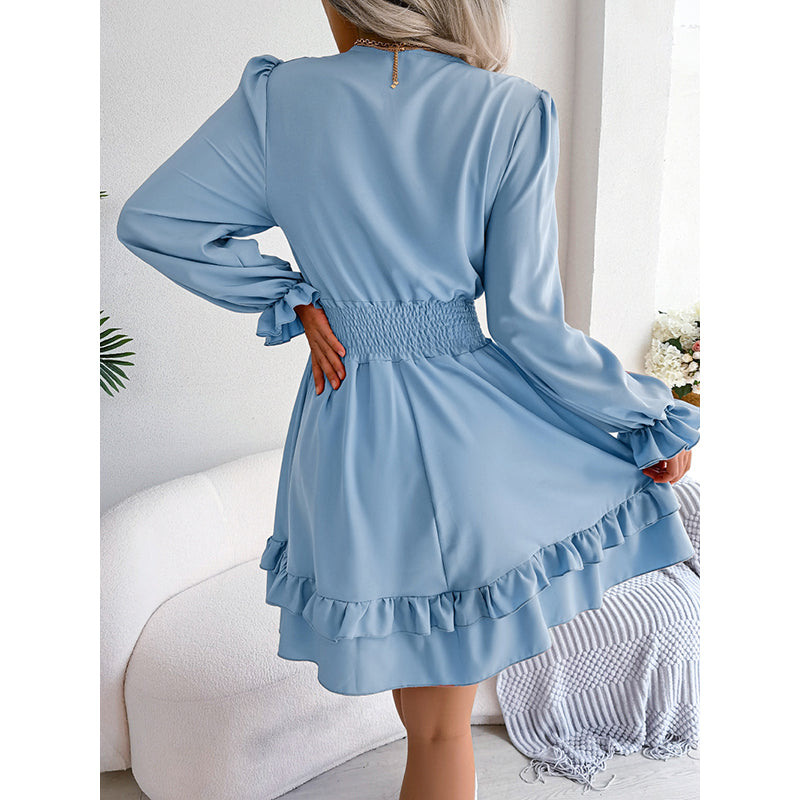 Blue Tie-Up Neck Puff Sleeve Fit & Flare Midi Dress