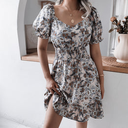 Beige Floral Printed Smocked Puff Sleeve A-line Dress