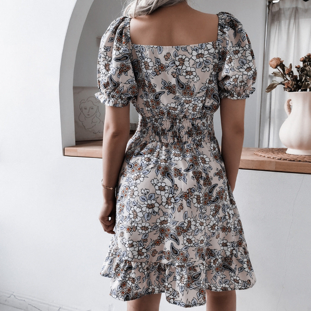 Beige Floral Printed Smocked Puff Sleeve A-line Dress