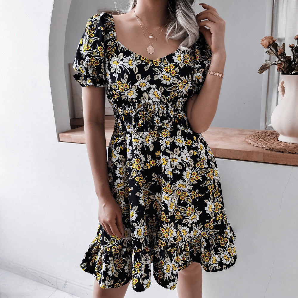 Black Floral Printed Puff Sleeves With Smocked & Gathers A-Line Dress