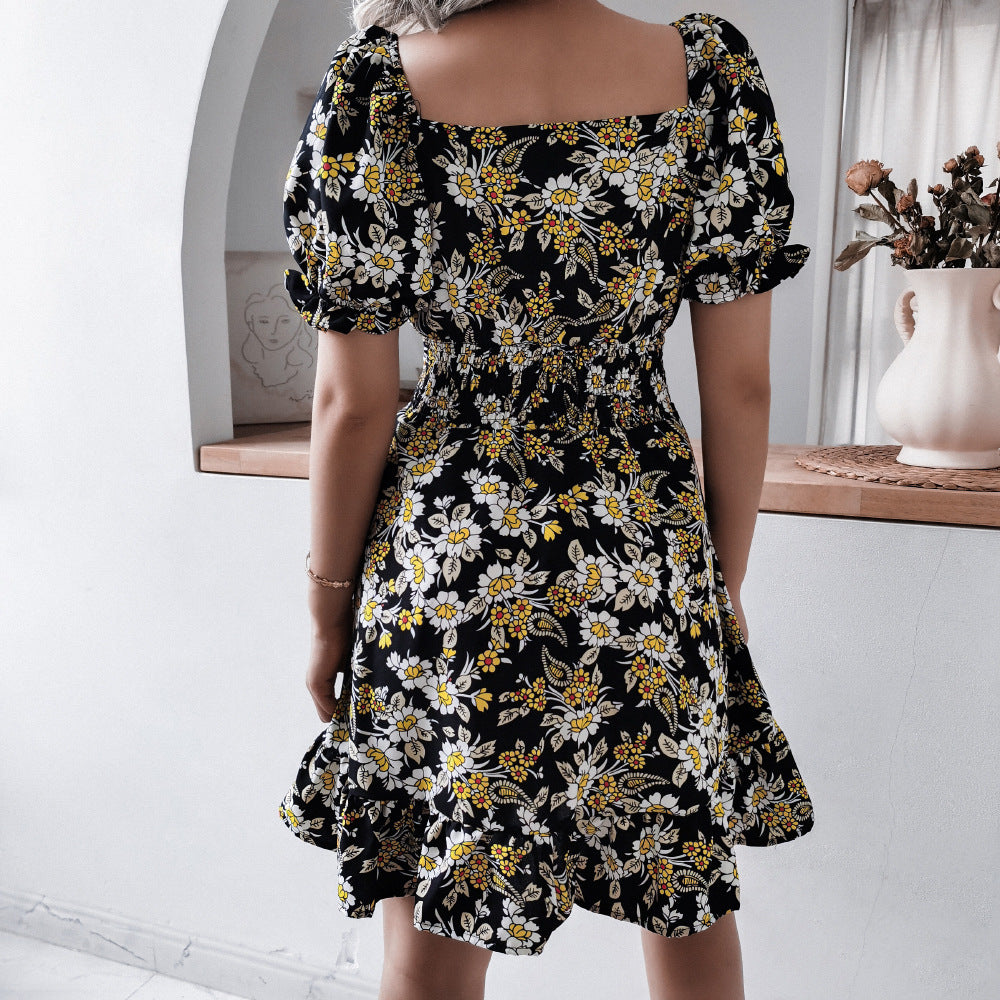 Black Floral Printed Puff Sleeves With Smocked & Gathers A-Line Dress