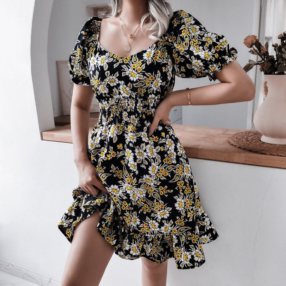 Black Floral Printed Puff Sleeves With Smocked & Gathers A-Line Dress