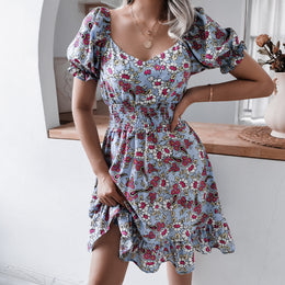 Blue Floral Printed V-Neck Puff Sleeve Smocked Detail Fit & Flare Dress