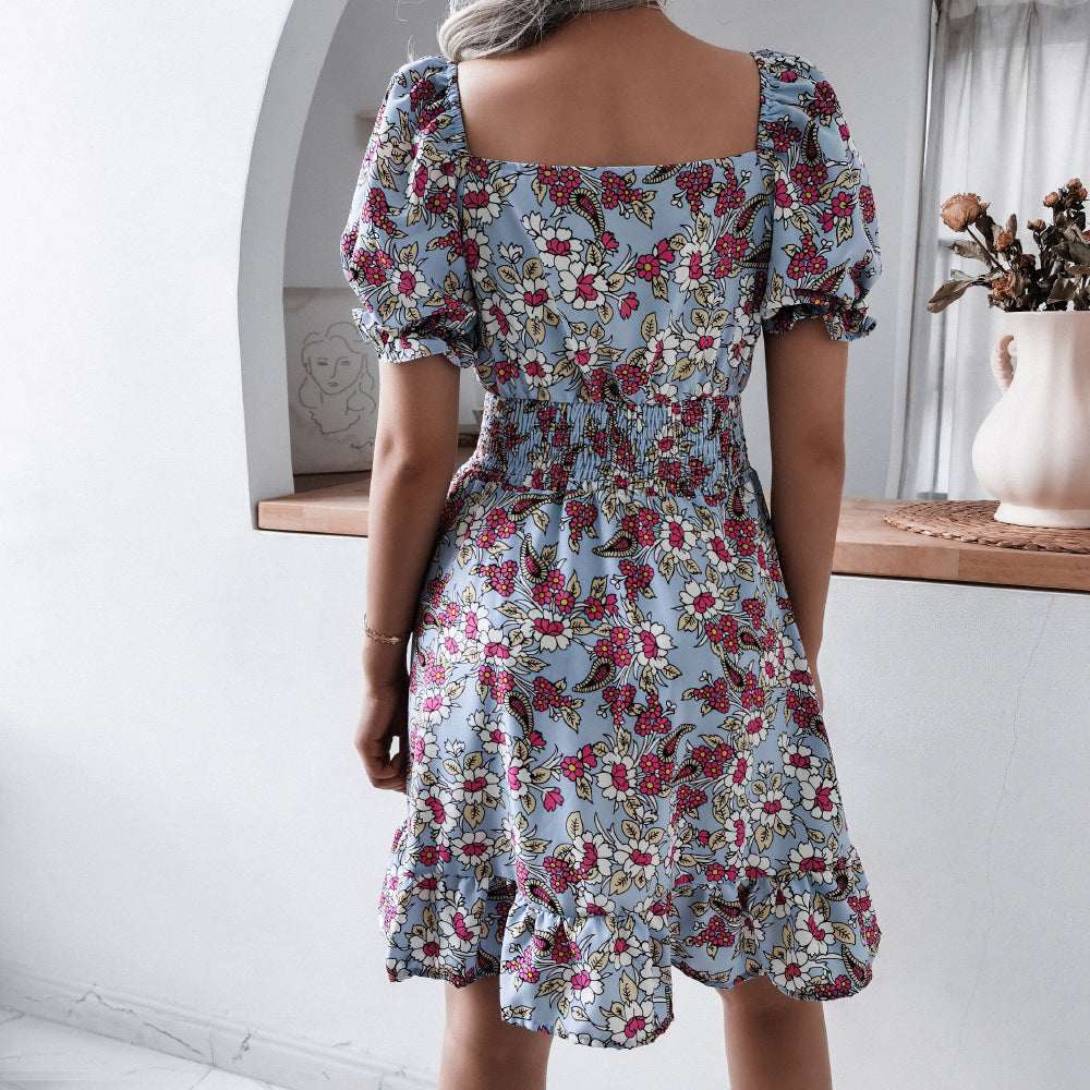 Blue Floral Printed V-Neck Puff Sleeve Smocked Detail Fit & Flare Dress