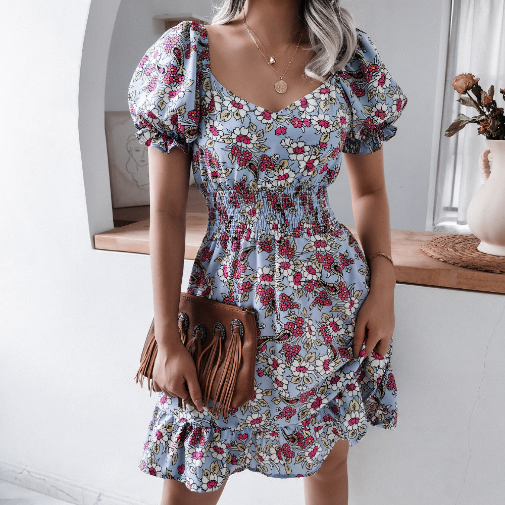 Blue Floral Printed V-Neck Puff Sleeve Smocked Detail Fit & Flare Dress