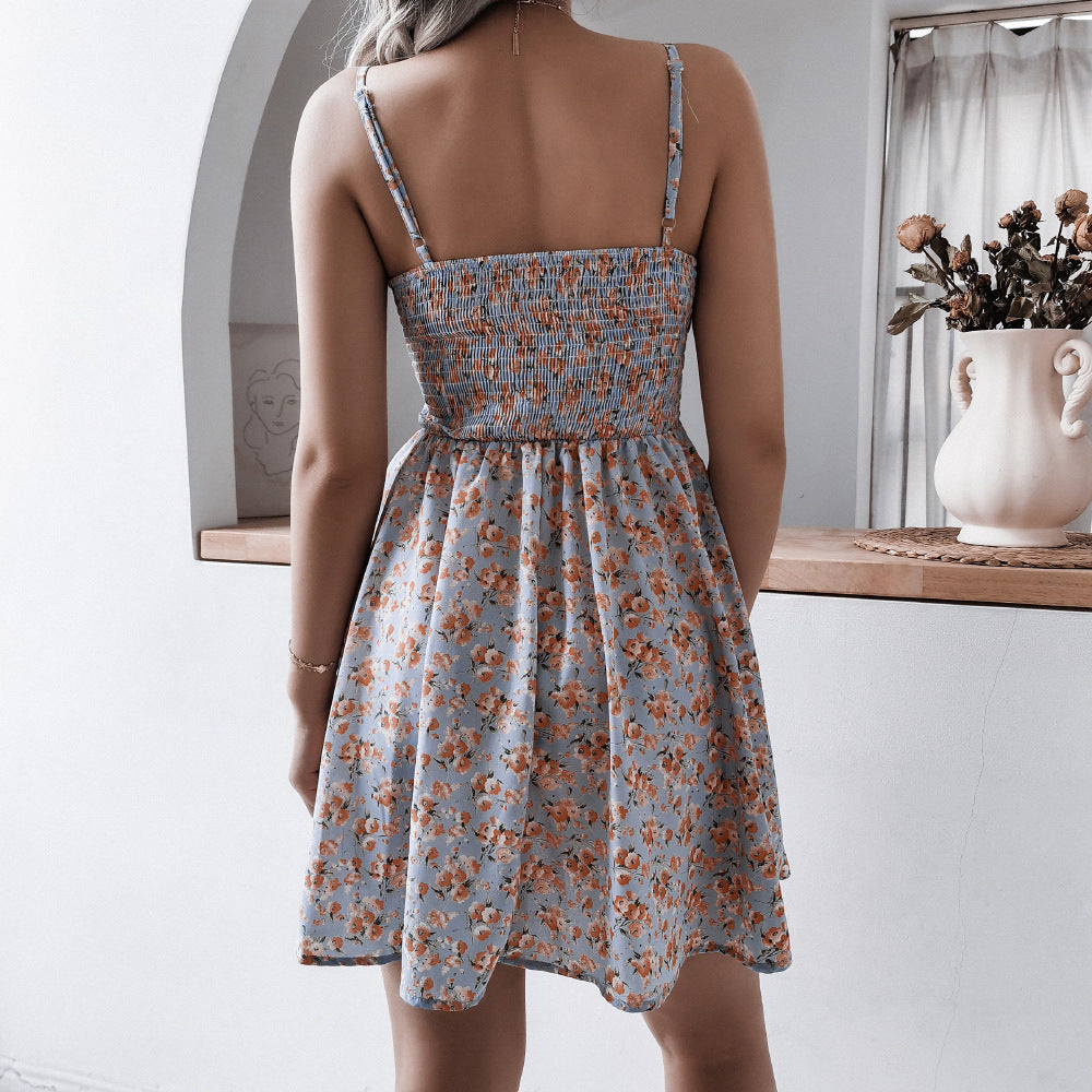 Shoulder Straps Floral Print Wrap Dress