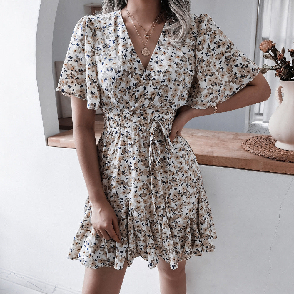 Floral Print Flared Sleeve Wrap Dress