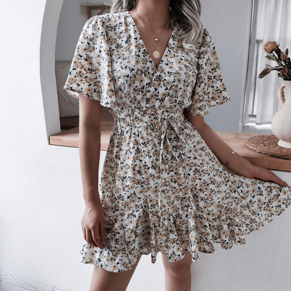 Floral Print Flared Sleeve Wrap Dress
