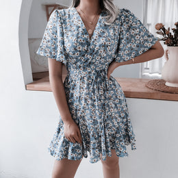 Floral Print Flared Sleeve Fit & Flare Dress