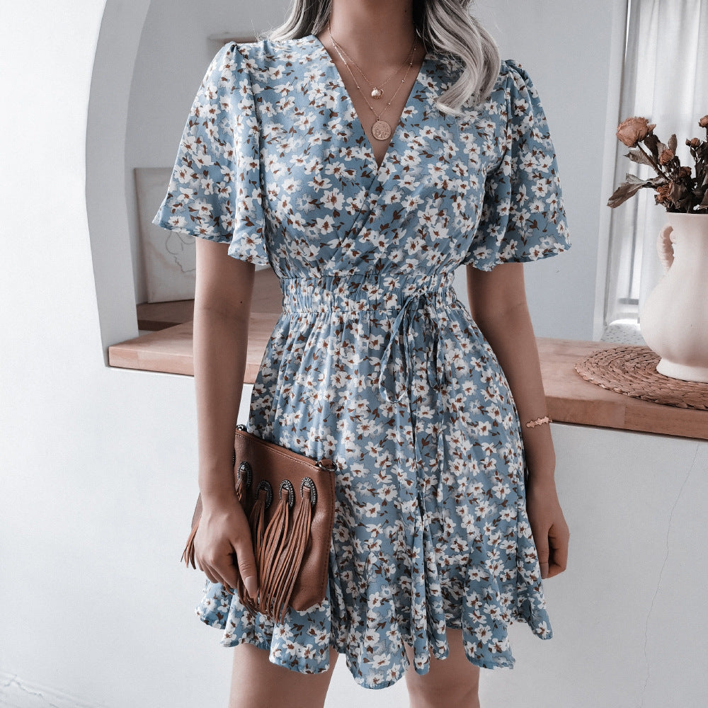 Floral Print Flared Sleeve Fit & Flare Dress