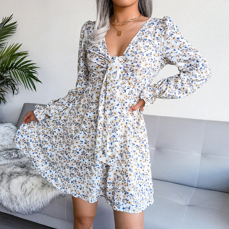 White Floral Printed Tie-Up Neck A-Line Mini Dress