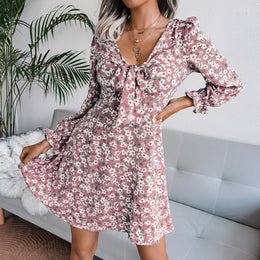 Pink Floral Printed Tie-Up Neck A-Line Mini Dress
