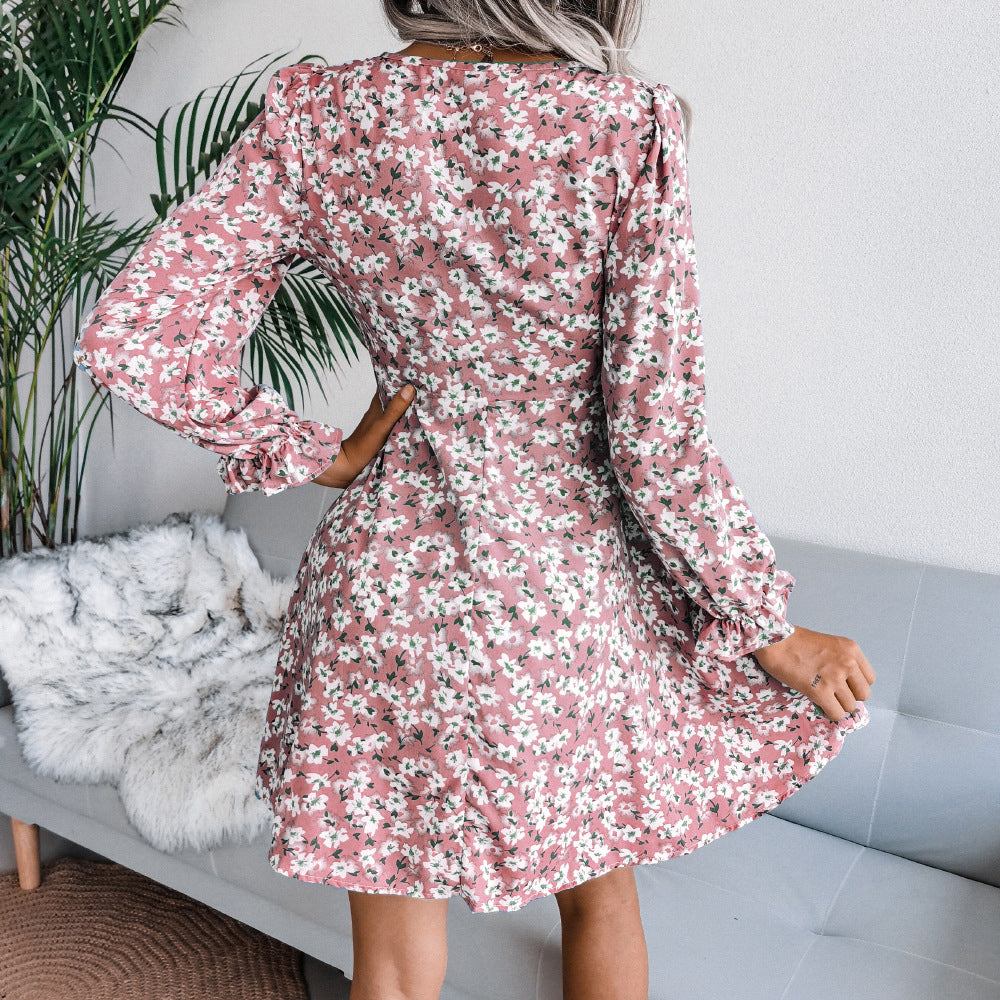 Pink Floral Printed Tie-Up Neck A-Line Mini Dress