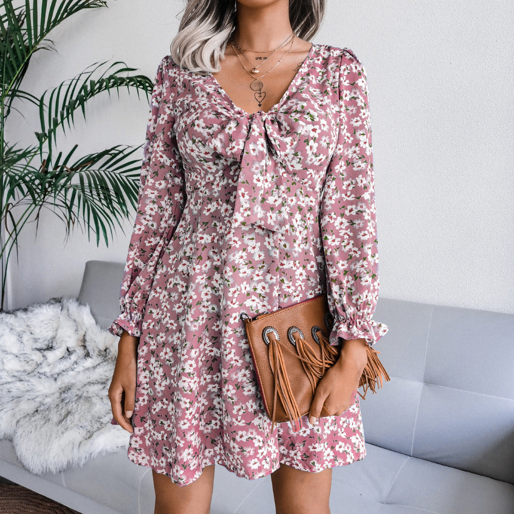 Pink Floral Printed Tie-Up Neck A-Line Mini Dress