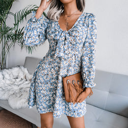 Blue Floral Printed Tie-Up Neck Puff Sleeves A-Line Mini Dress
