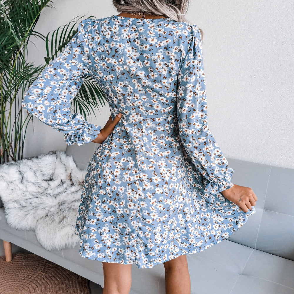 Blue Floral Printed Tie-Up Neck Puff Sleeves A-Line Mini Dress