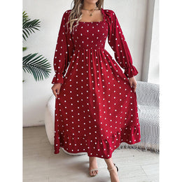 Women Polka Dot Printed Square Neck Puff Sleeve Fit and Flare Dress