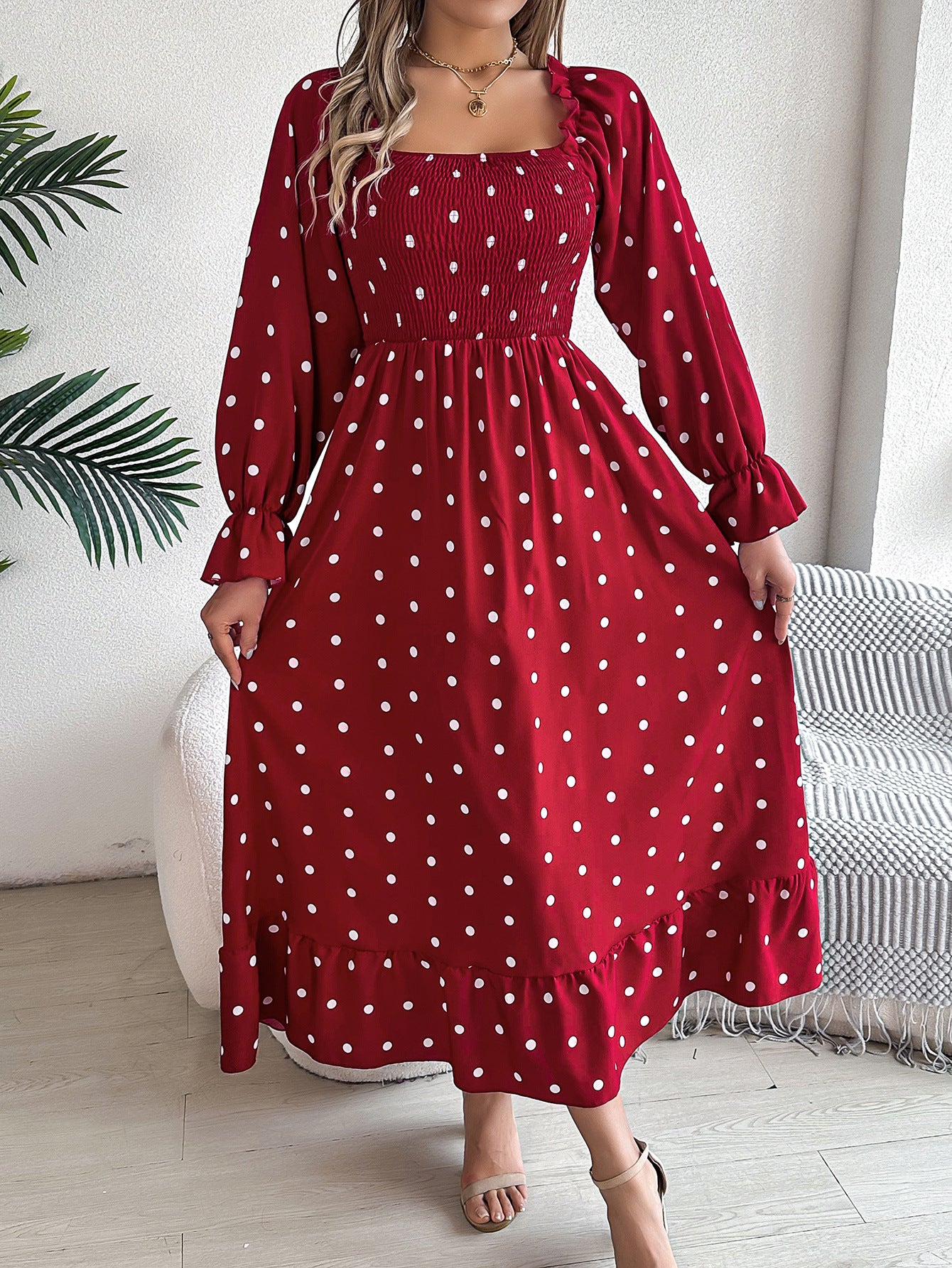 Women Polka Dot Printed Square Neck Puff Sleeve Fit and Flare Dress