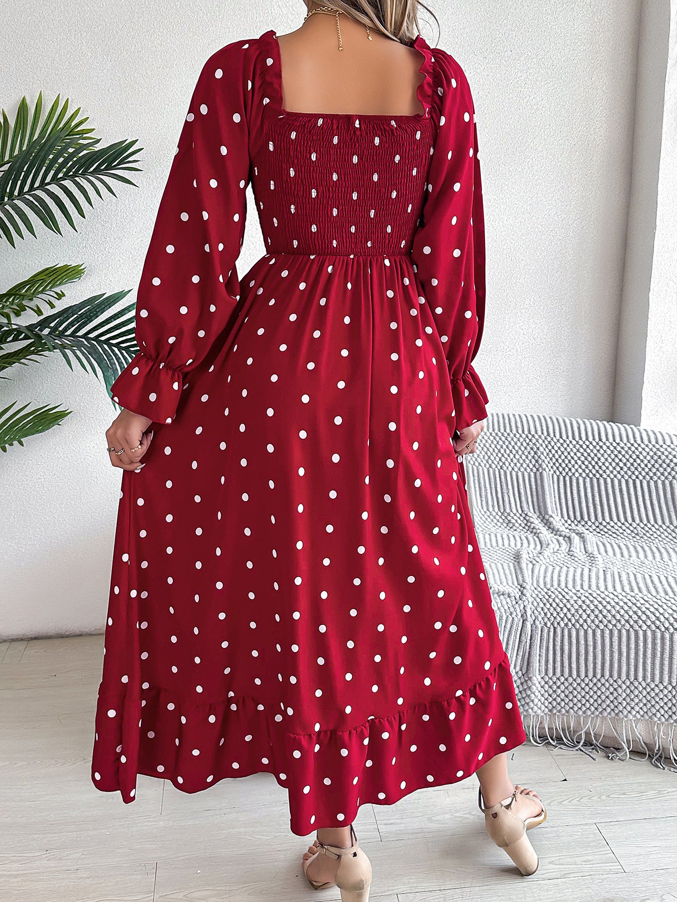 Women Polka Dot Printed Square Neck Puff Sleeve Fit and Flare Dress
