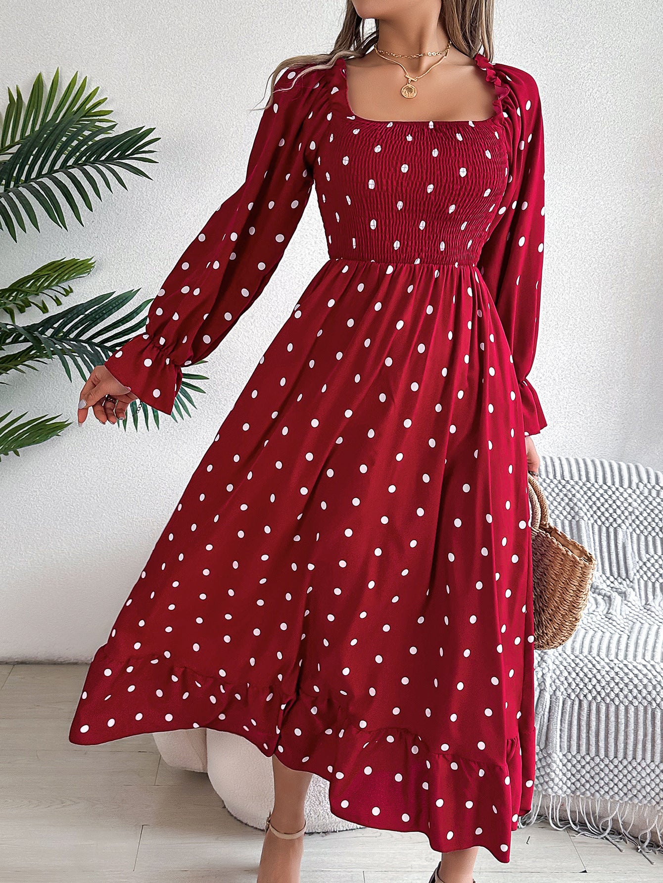 Women Polka Dot Printed Square Neck Puff Sleeve Fit and Flare Dress