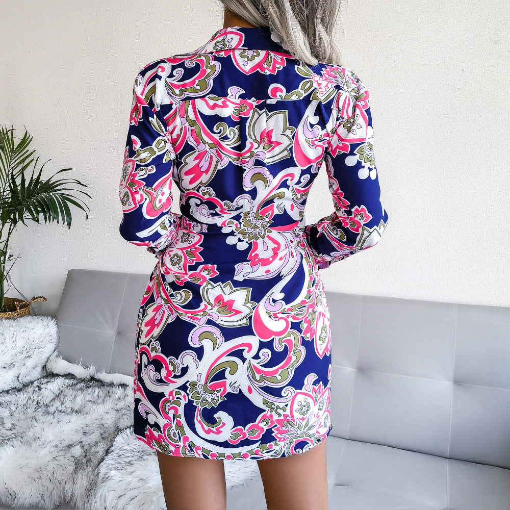 Navy Blue & White Ethnic Motifs Printed Wrap Mini Dress