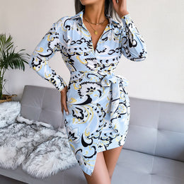 Blue Floral Printed Wrap Mini Dress
