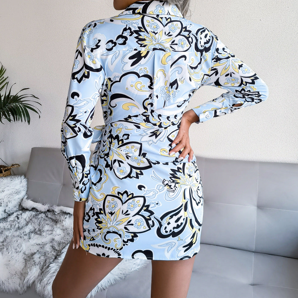 Blue Floral Printed Wrap Mini Dress