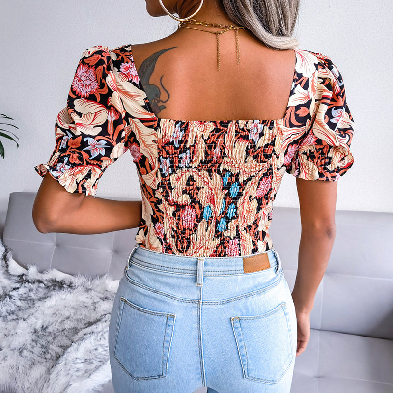 Beige & Black Print Sweetheart Neck Puff Sleeve Fitted Top
