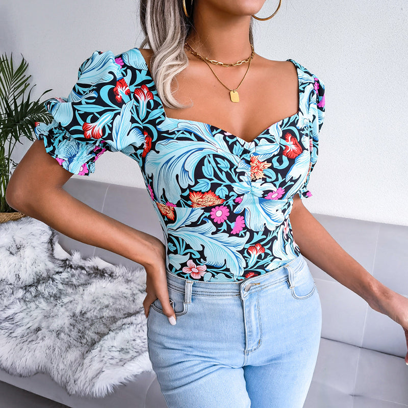Blue Floral Printed Puff Sleeve Crop Top