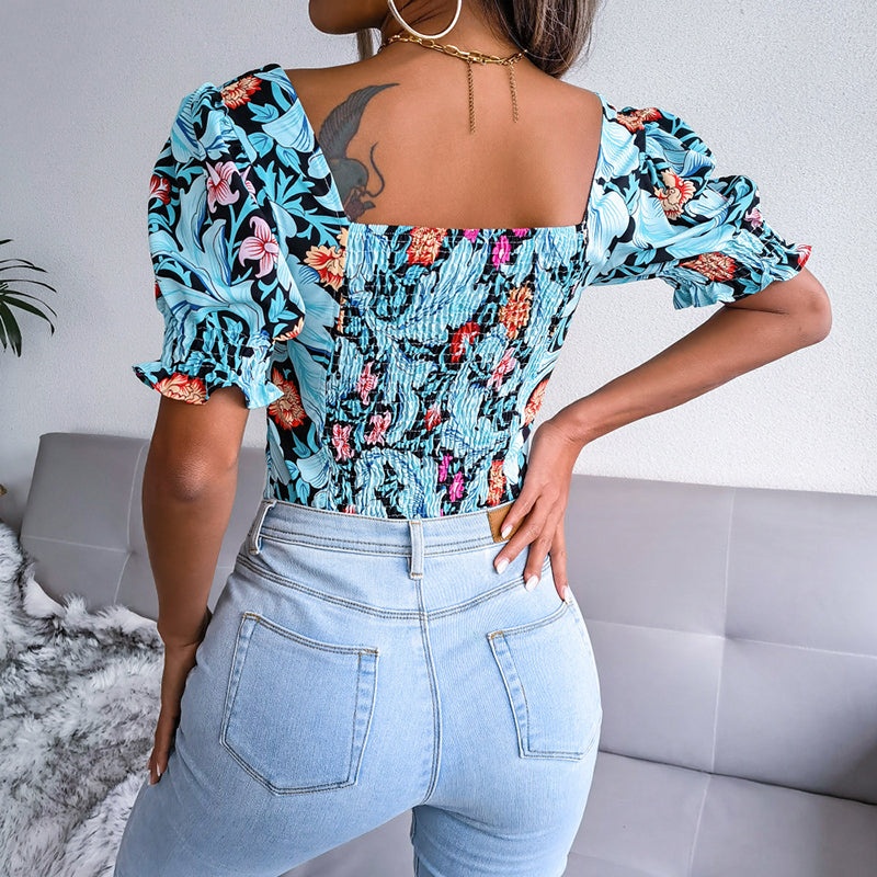 Blue Floral Printed Puff Sleeve Crop Top