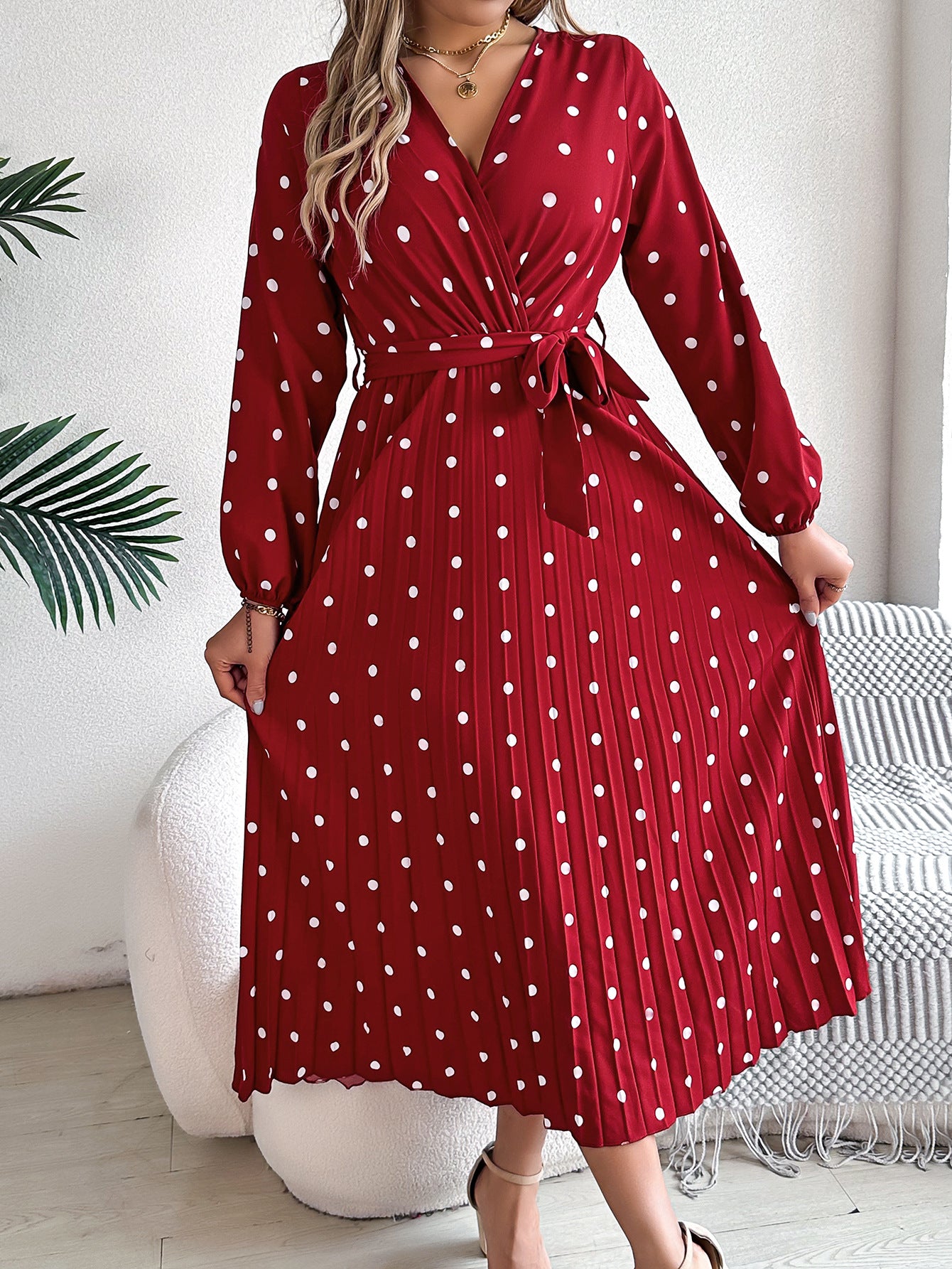 Polka Dot Puff Sleeve Midi Wrap Dress