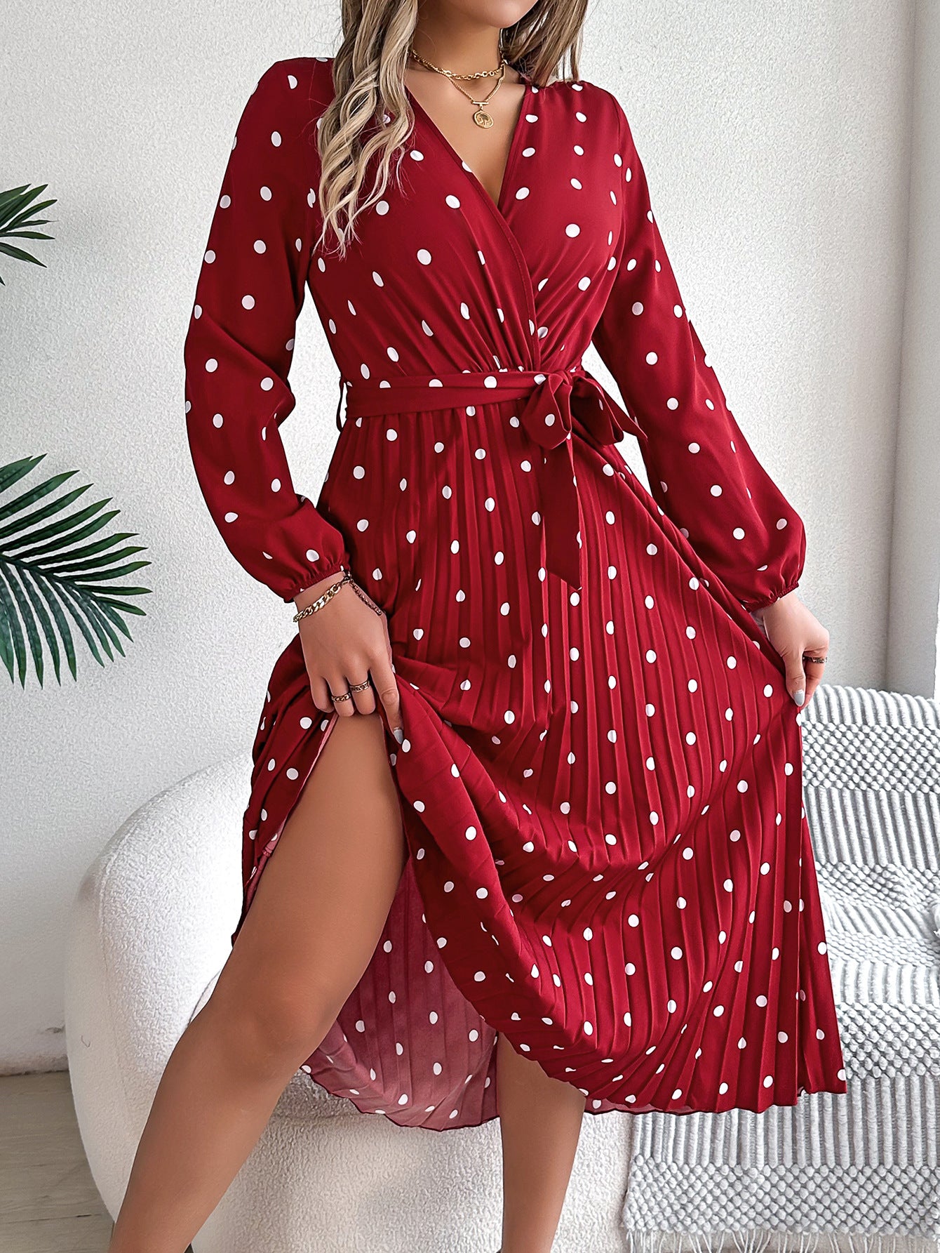 Polka Dot Puff Sleeve Midi Wrap Dress