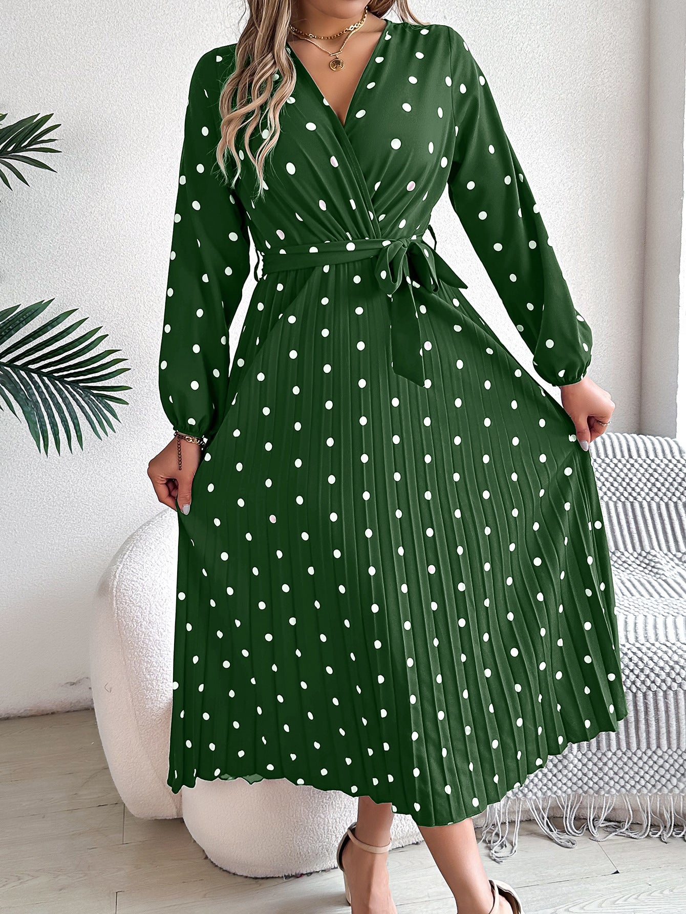 Polka Dot Printed Wrap Midi Dress