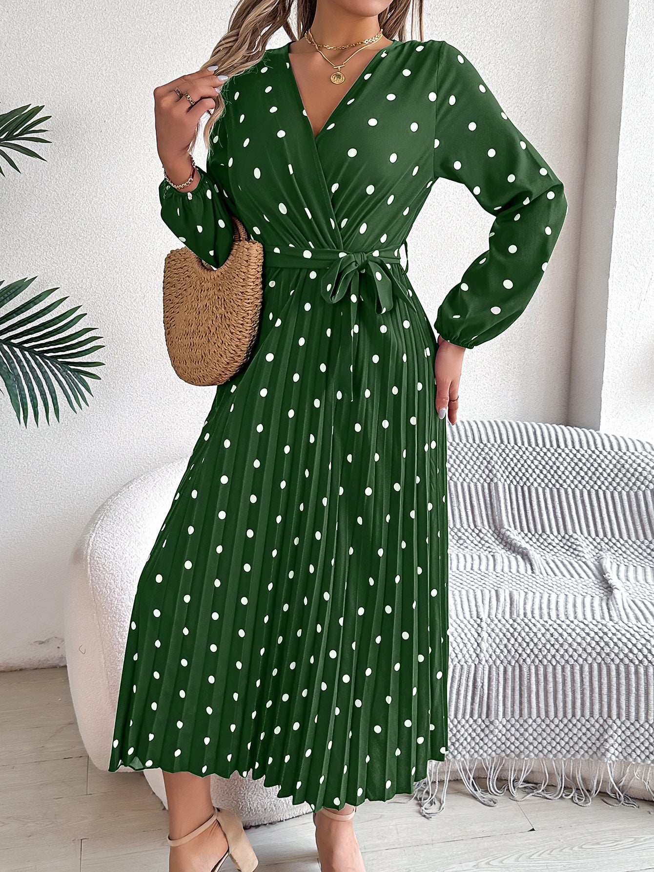 Polka Dot Printed Wrap Midi Dress