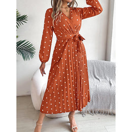 Polka Dot Printed Georgette Pleated Wrap Midi Dress