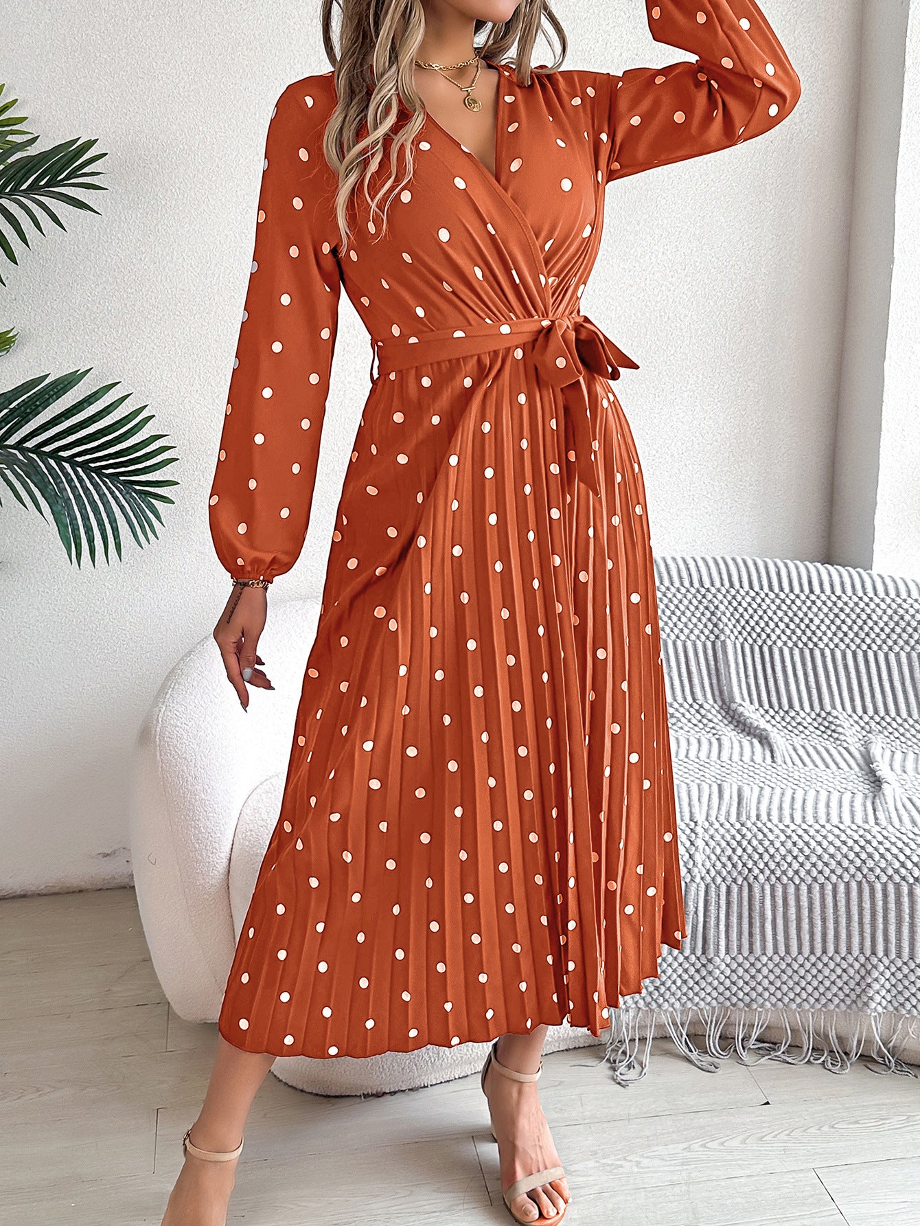 Polka Dot Printed Georgette Pleated Wrap Midi Dress