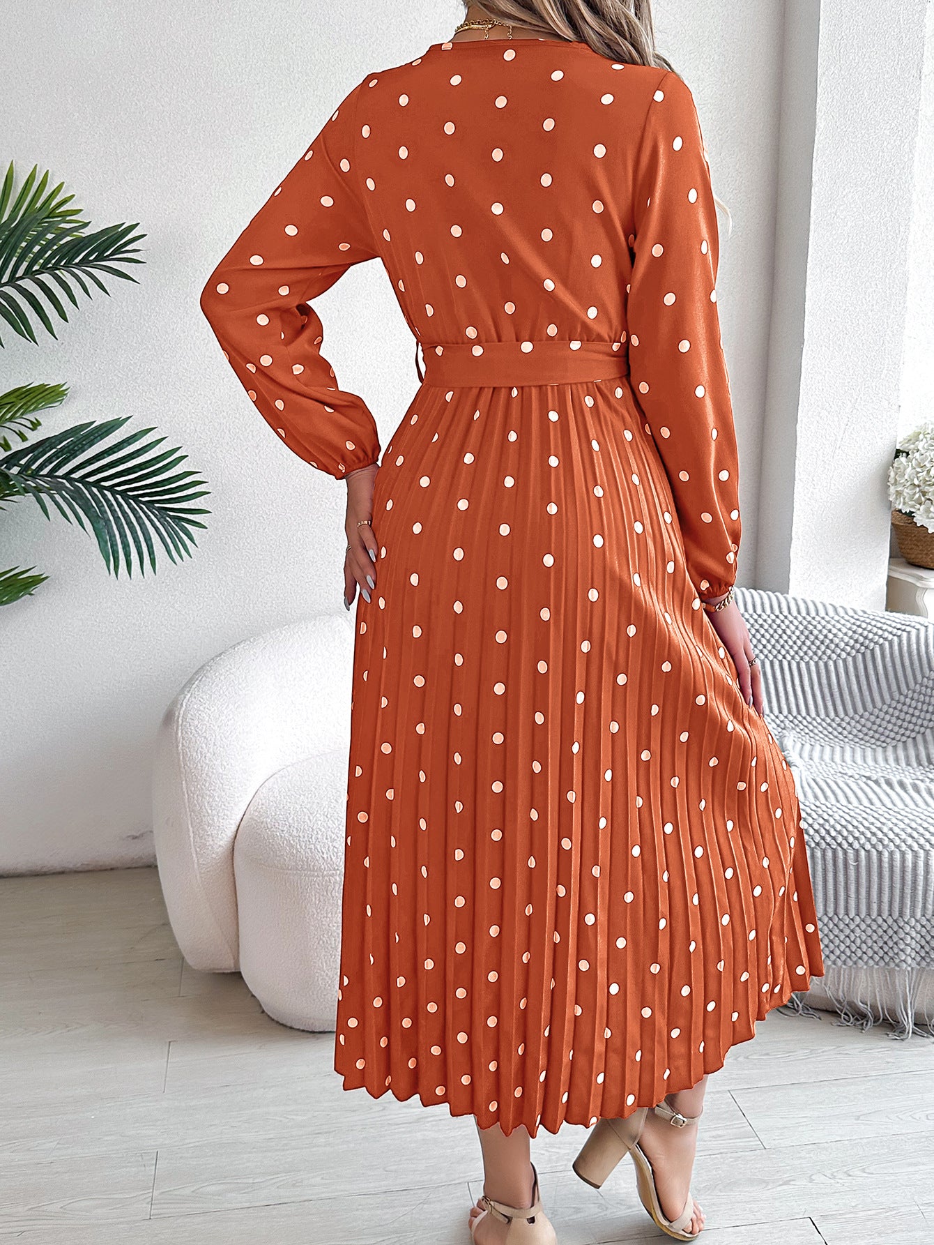 Polka Dot Printed Georgette Pleated Wrap Midi Dress